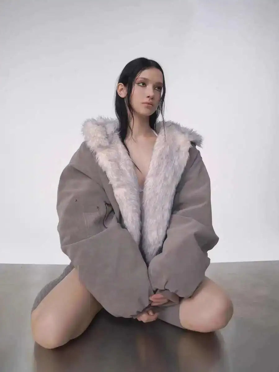 Winter American Retro Fur Coat - Padded Hooded Jacket for Women